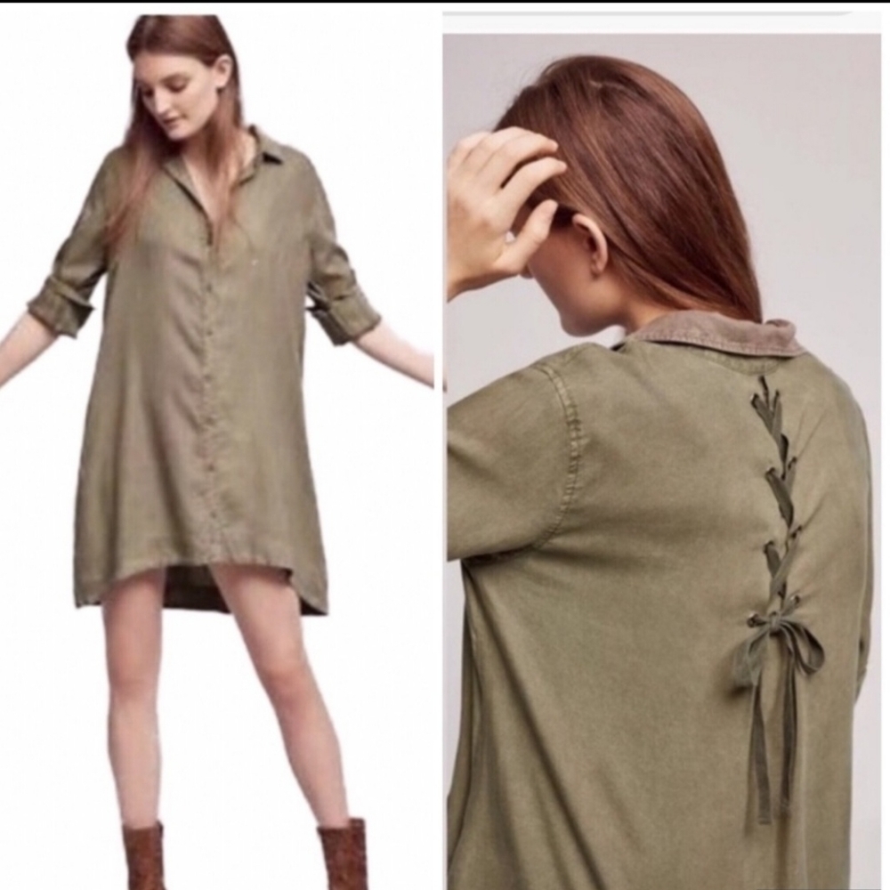 Cloth & Stone Anthropologie Chambray Button Shirt Dress Olive Lace-up Back Sz XS